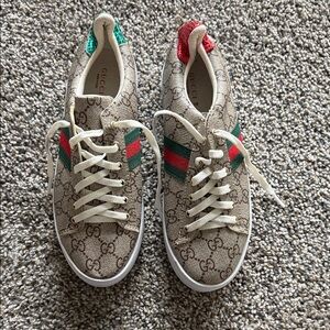 Tan Sneakers with Green and Red Stripes